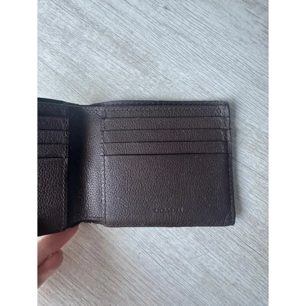 Coach Brown Pebbled Leather Bifold Wallet Men's Compact Card Holder ID Pocket